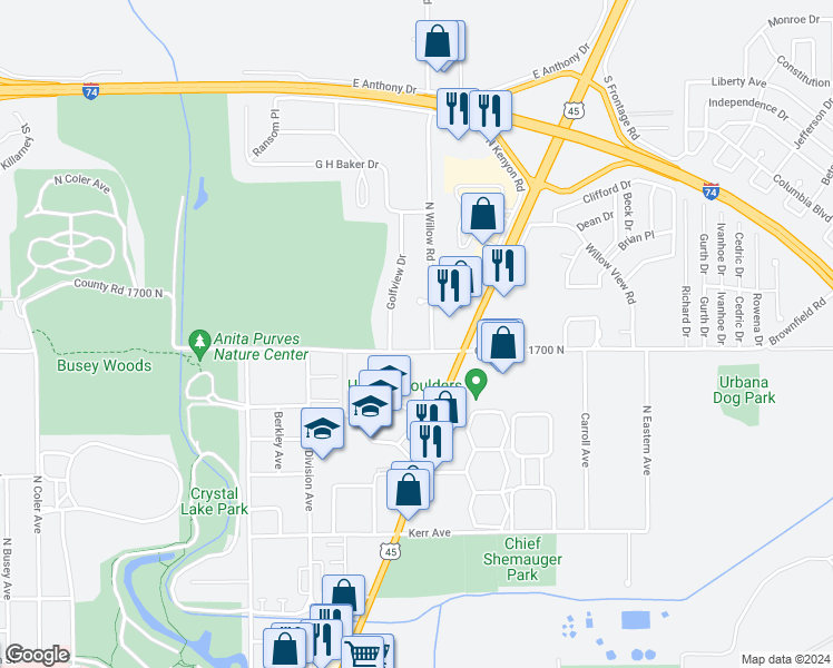 map of restaurants, bars, coffee shops, grocery stores, and more near 1605 North Willow Road in Urbana