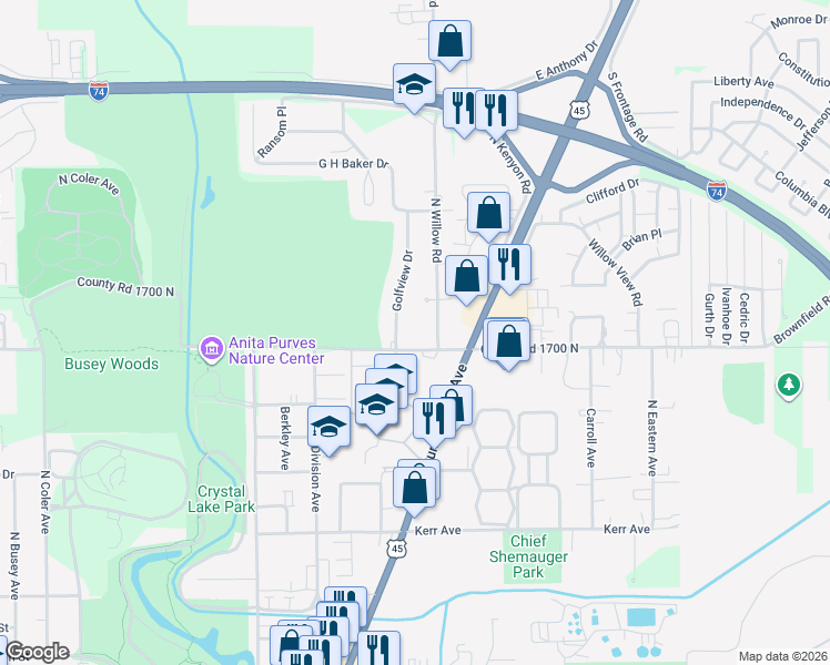 map of restaurants, bars, coffee shops, grocery stores, and more near 1605 North Willow Road in Urbana