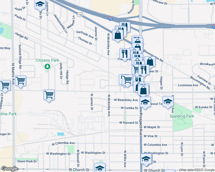 map of restaurants, bars, coffee shops, grocery stores, and more near 1208 Providence Circle in Champaign