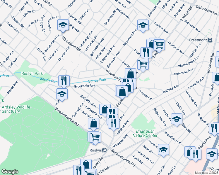 map of restaurants, bars, coffee shops, grocery stores, and more near 2459 Arlington Avenue in Abington