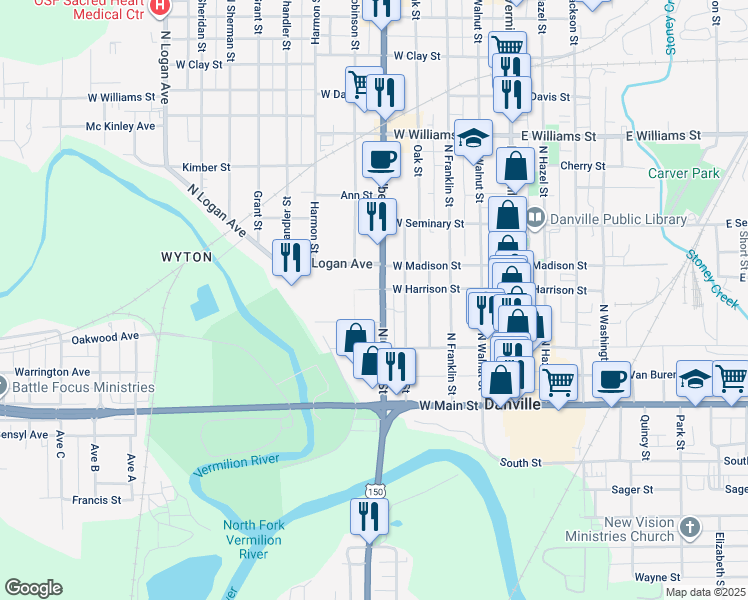 map of restaurants, bars, coffee shops, grocery stores, and more near 122 North Gilbert Street in Danville