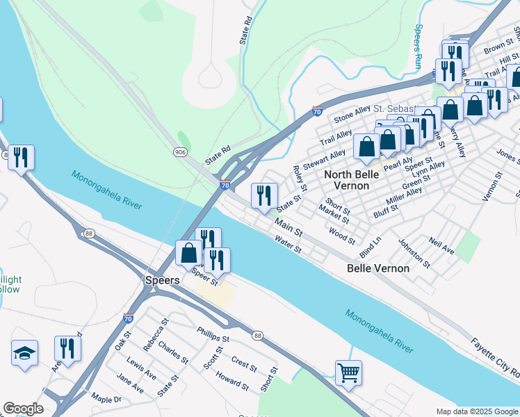 map of restaurants, bars, coffee shops, grocery stores, and more near 119 Main Street in Belle Vernon