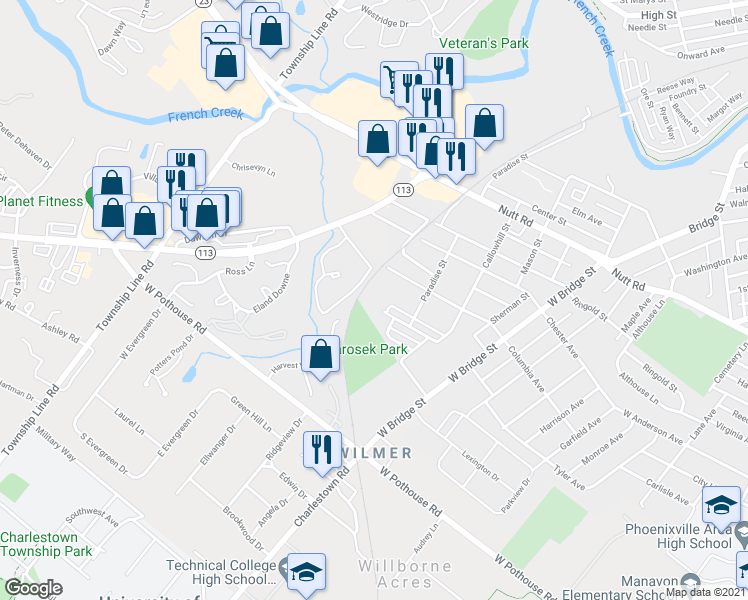 map of restaurants, bars, coffee shops, grocery stores, and more near 945 Woodlawn Avenue in Phoenixville