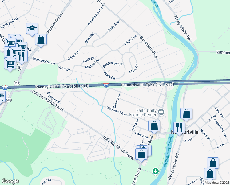 map of restaurants, bars, coffee shops, grocery stores, and more near 1380 Texas Avenue in Bensalem