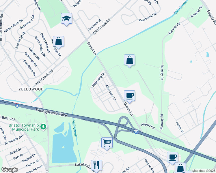 map of restaurants, bars, coffee shops, grocery stores, and more near 2422 Airacobra Street in Levittown