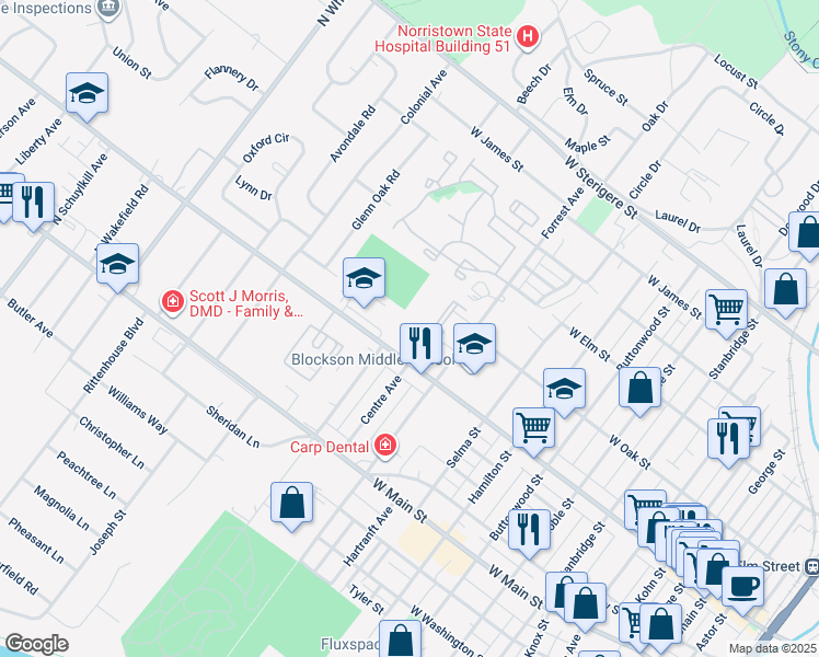 map of restaurants, bars, coffee shops, grocery stores, and more near in Norristown
