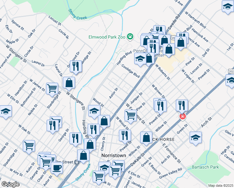 map of restaurants, bars, coffee shops, grocery stores, and more near 325 West Fornance Street in Norristown