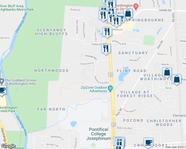 map of restaurants, bars, coffee shops, grocery stores, and more near 110 Northwoods Boulevard in Columbus