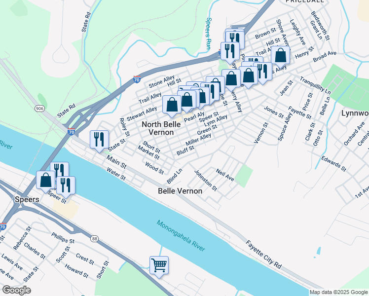map of restaurants, bars, coffee shops, grocery stores, and more near 409 Bluff Street in Belle Vernon