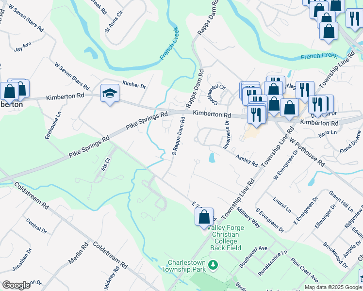 map of restaurants, bars, coffee shops, grocery stores, and more near 1212 South Rapps Dam Road in Phoenixville