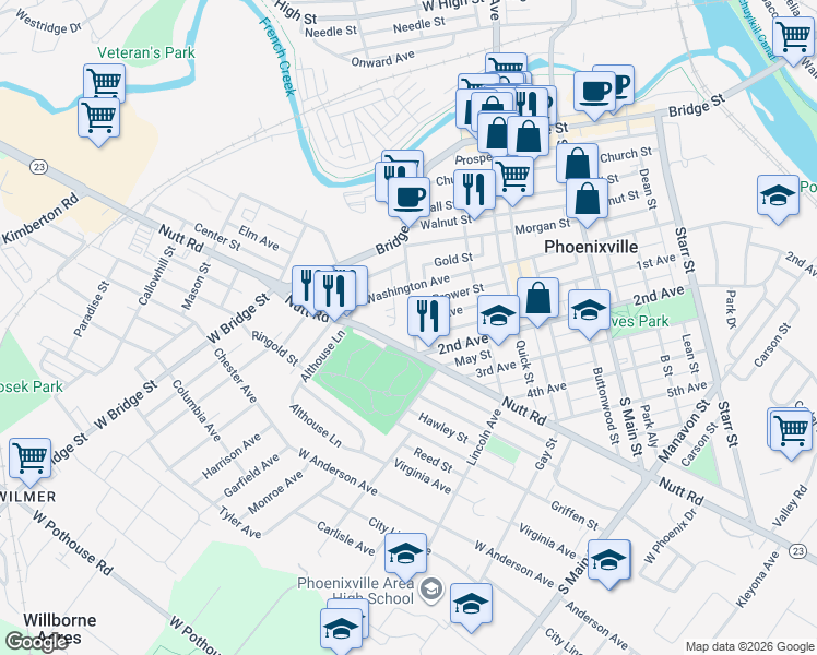 map of restaurants, bars, coffee shops, grocery stores, and more near 302 Buchanan Street in Phoenixville