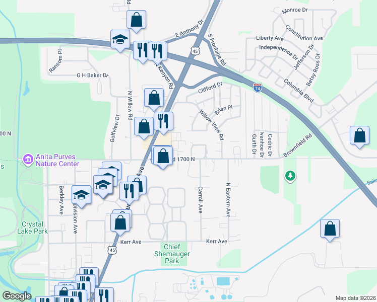 map of restaurants, bars, coffee shops, grocery stores, and more near 105 Spring Circle in Urbana