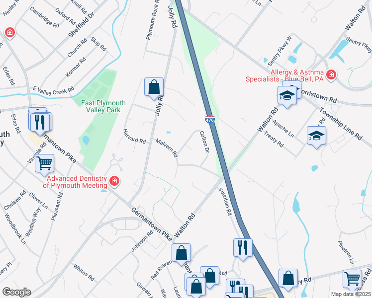 map of restaurants, bars, coffee shops, grocery stores, and more near 3 Colton Drive in Plymouth Meeting