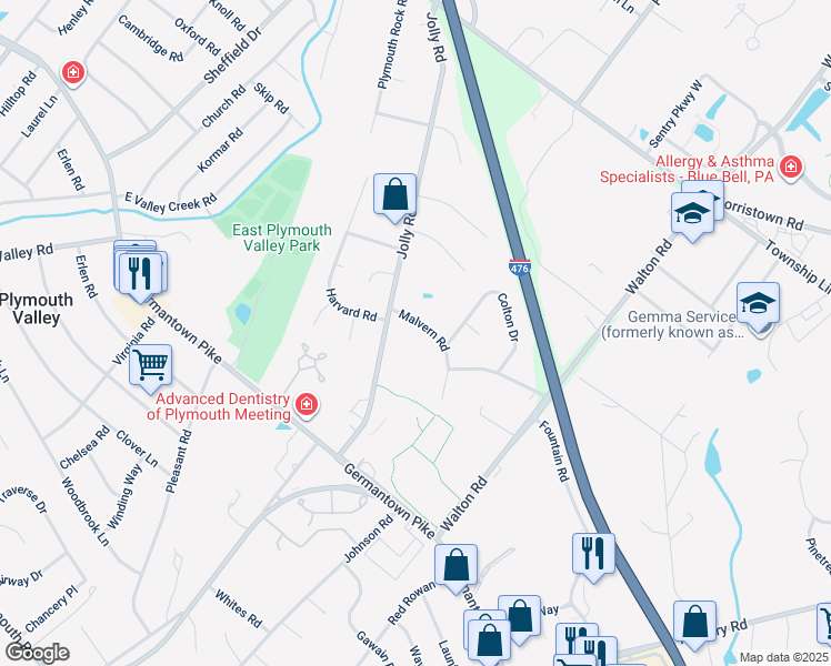 map of restaurants, bars, coffee shops, grocery stores, and more near 6 Malvern Road in Plymouth Meeting