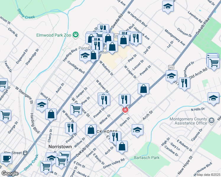 map of restaurants, bars, coffee shops, grocery stores, and more near 1615 Locust Street in Norristown