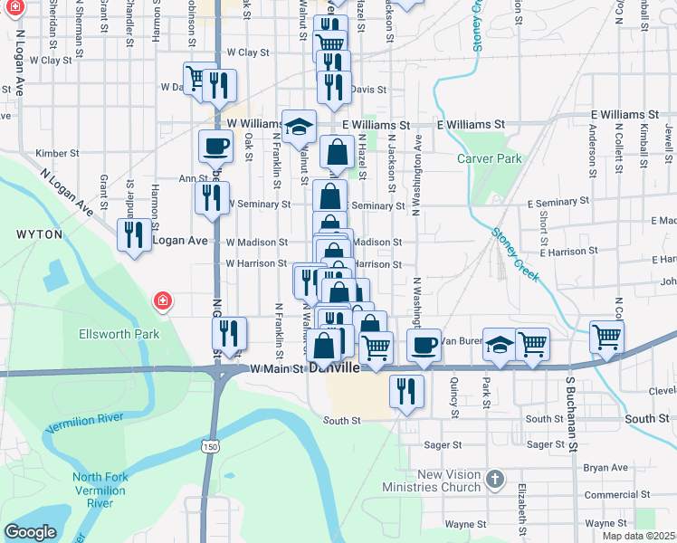 map of restaurants, bars, coffee shops, grocery stores, and more near 153 North Vermilion Street in Danville