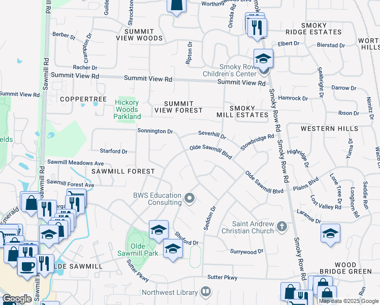 map of restaurants, bars, coffee shops, grocery stores, and more near 2317 Olde Sawmill Blvd in Dublin