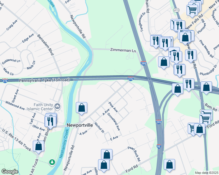 map of restaurants, bars, coffee shops, grocery stores, and more near 4305 Sunset Avenue in Levittown