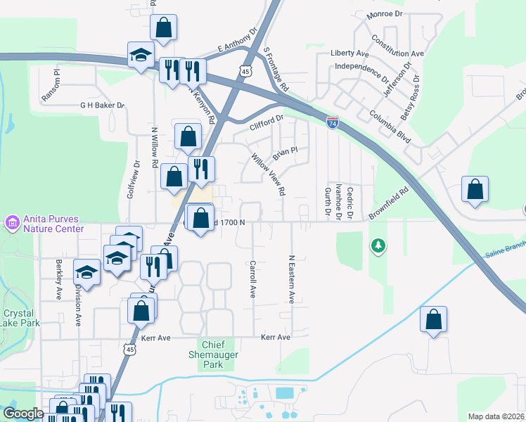 map of restaurants, bars, coffee shops, grocery stores, and more near 504 Spring Circle in Urbana