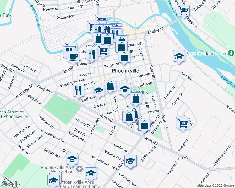 map of restaurants, bars, coffee shops, grocery stores, and more near 244 2nd Avenue in Phoenixville