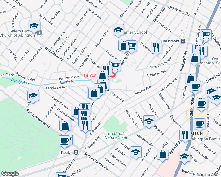 map of restaurants, bars, coffee shops, grocery stores, and more near 2349 Woodland Road in Abington
