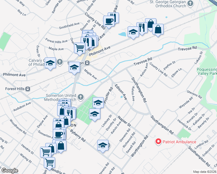 map of restaurants, bars, coffee shops, grocery stores, and more near 13490 Proctor Road in Philadelphia