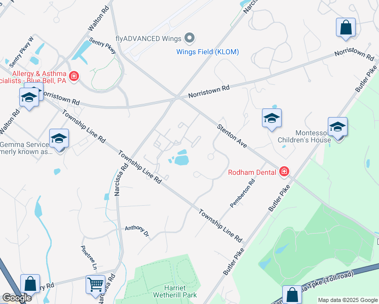 map of restaurants, bars, coffee shops, grocery stores, and more near 14 Ramsgate Court in Blue Bell