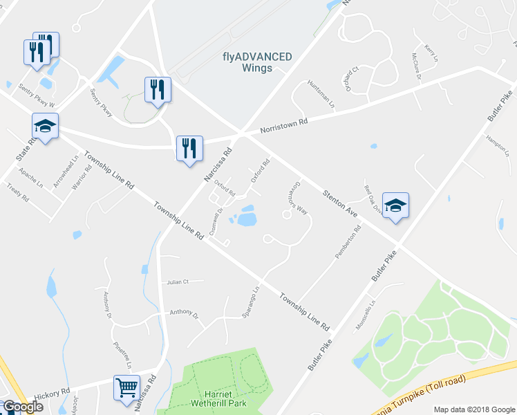 map of restaurants, bars, coffee shops, grocery stores, and more near 14 Ramsgate Court in Blue Bell