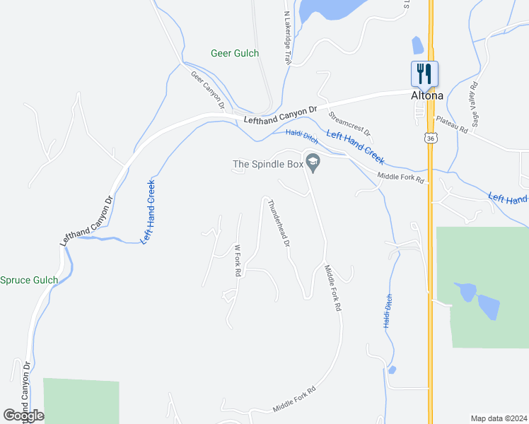 map of restaurants, bars, coffee shops, grocery stores, and more near 9013 Thunderhead Drive in Boulder