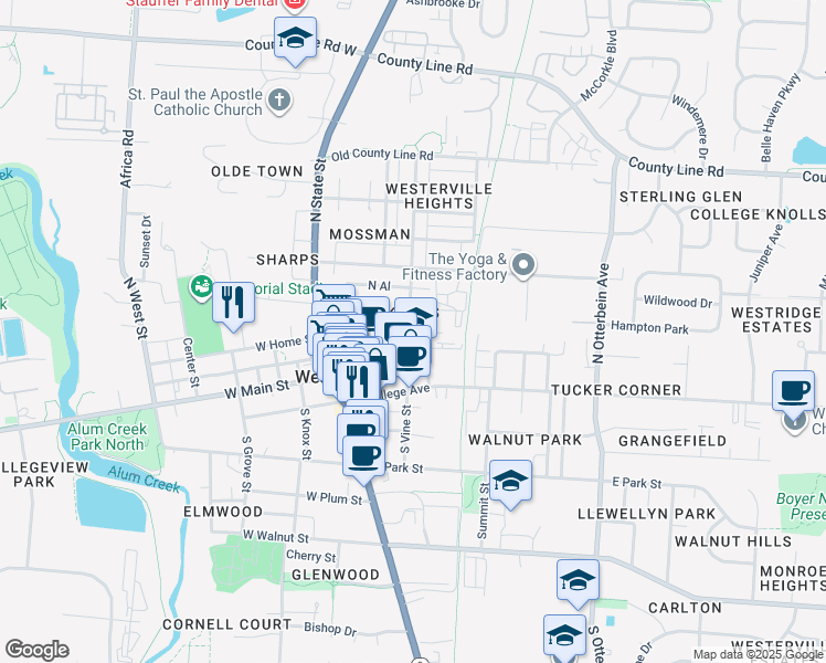 map of restaurants, bars, coffee shops, grocery stores, and more near 58 North Vine Street in Westerville