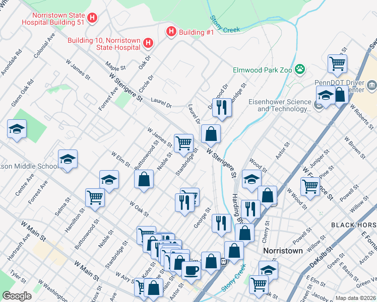 map of restaurants, bars, coffee shops, grocery stores, and more near 1011 Stanbridge Street in Norristown
