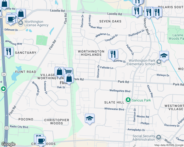 map of restaurants, bars, coffee shops, grocery stores, and more near 599 Tansy Lane in Westerville
