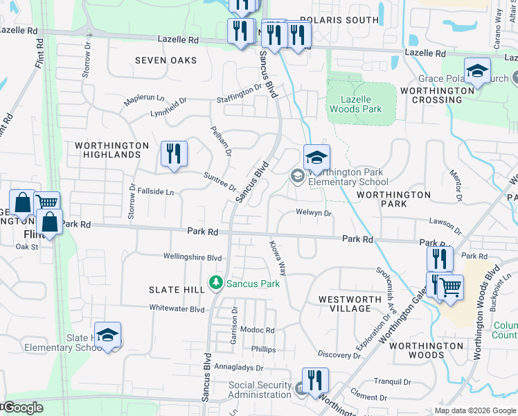 map of restaurants, bars, coffee shops, grocery stores, and more near 7996 Lakeloop Drive in Westerville