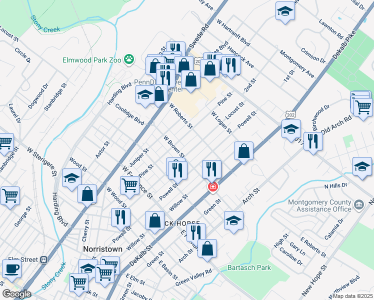 map of restaurants, bars, coffee shops, grocery stores, and more near 1613 Locust Street in Norristown