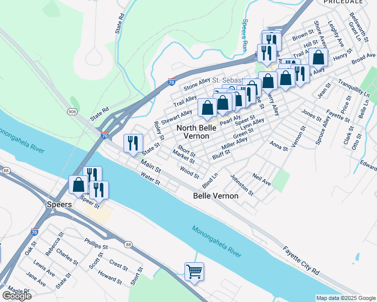 map of restaurants, bars, coffee shops, grocery stores, and more near 321 Green Street in Belle Vernon