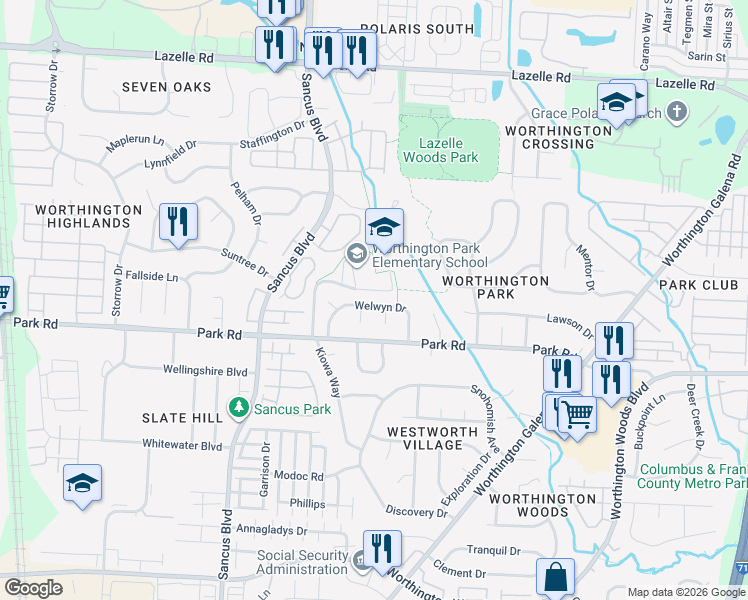 map of restaurants, bars, coffee shops, grocery stores, and more near 1056 Welwyn Drive in Westerville