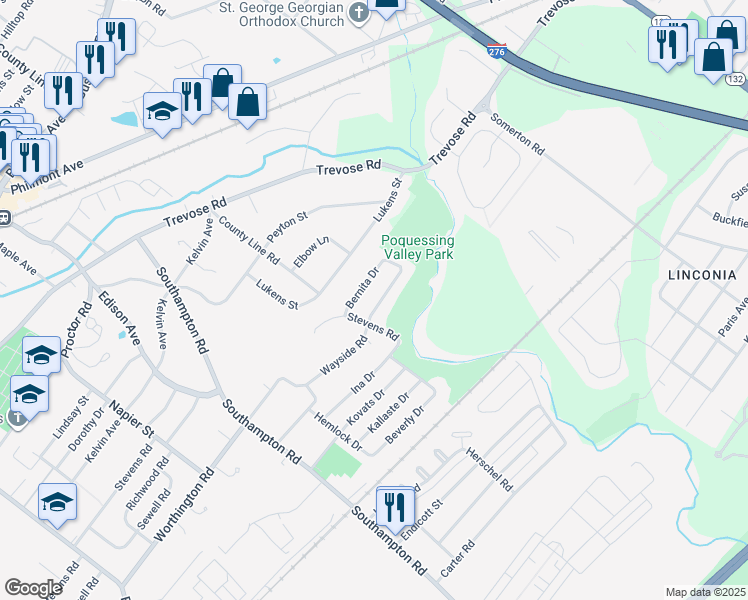 map of restaurants, bars, coffee shops, grocery stores, and more near 15211 Wayside Road in Philadelphia