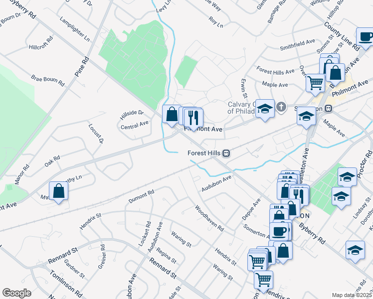 map of restaurants, bars, coffee shops, grocery stores, and more near 110 Byberry Road in Philadelphia