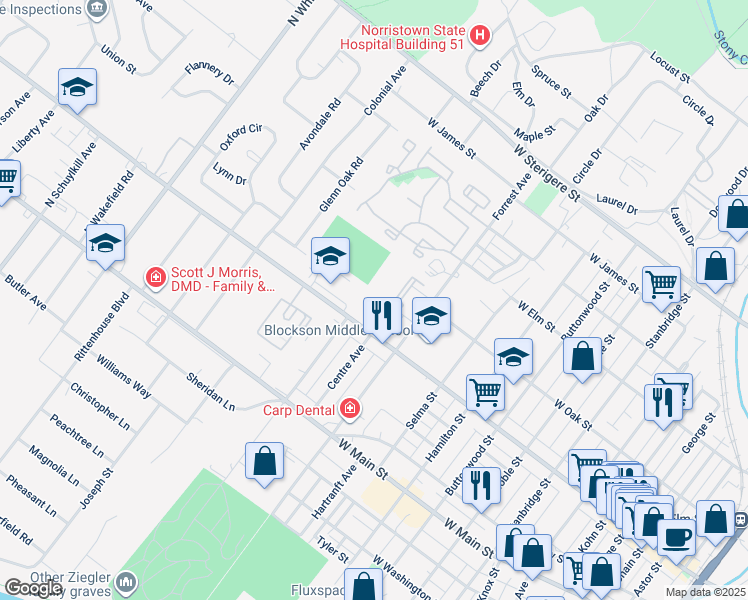 map of restaurants, bars, coffee shops, grocery stores, and more near 205 Centre Avenue in Eagleville