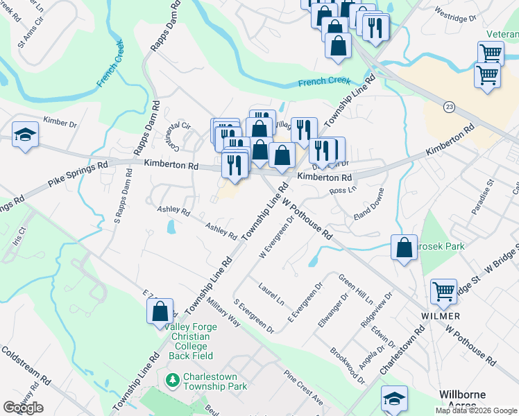 map of restaurants, bars, coffee shops, grocery stores, and more near 1209 Township Line Road in Phoenixville