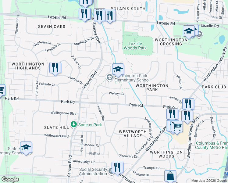 map of restaurants, bars, coffee shops, grocery stores, and more near 1056 Welwyn Drive in Westerville