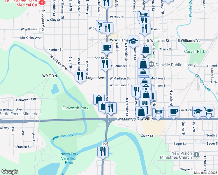 map of restaurants, bars, coffee shops, grocery stores, and more near 122 North Gilbert Street in Danville