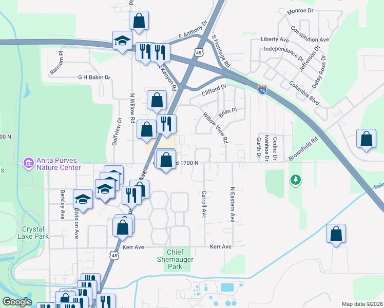 map of restaurants, bars, coffee shops, grocery stores, and more near 105 Spring Circle in Urbana