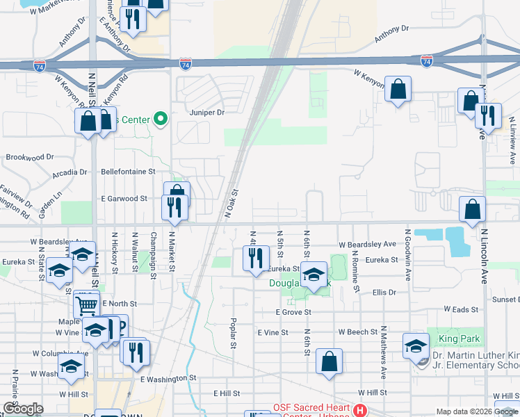 map of restaurants, bars, coffee shops, grocery stores, and more near 414 Nathaniel Burch Drive in Champaign