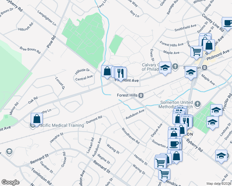 map of restaurants, bars, coffee shops, grocery stores, and more near 110 Byberry Road in Philadelphia