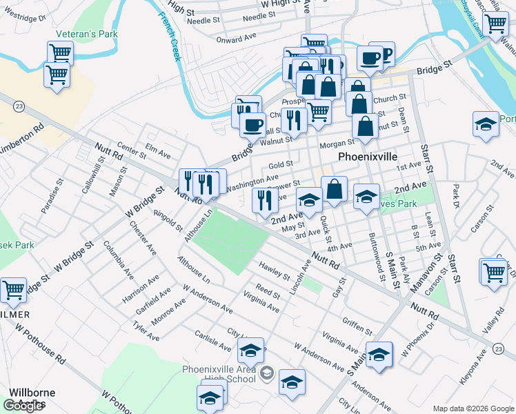 map of restaurants, bars, coffee shops, grocery stores, and more near 302 Buchanan Street in Phoenixville