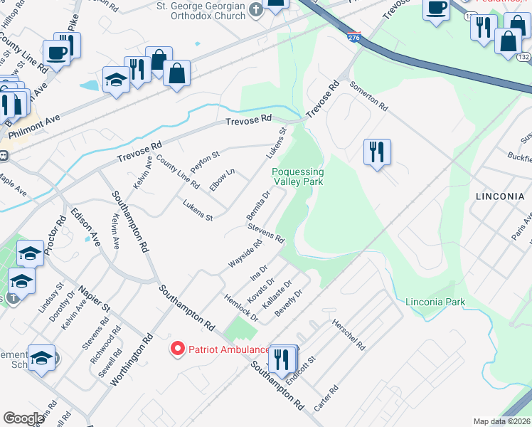 map of restaurants, bars, coffee shops, grocery stores, and more near 15211 Wayside Road in Philadelphia