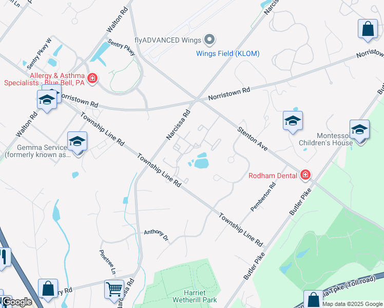 map of restaurants, bars, coffee shops, grocery stores, and more near 10 Bromley Drive in Blue Bell