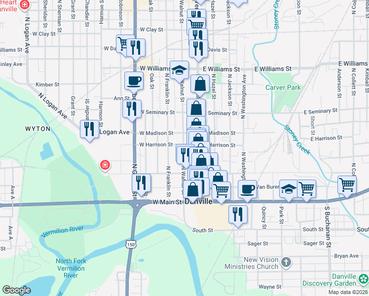 map of restaurants, bars, coffee shops, grocery stores, and more near 100-198 N Walnut St in Danville