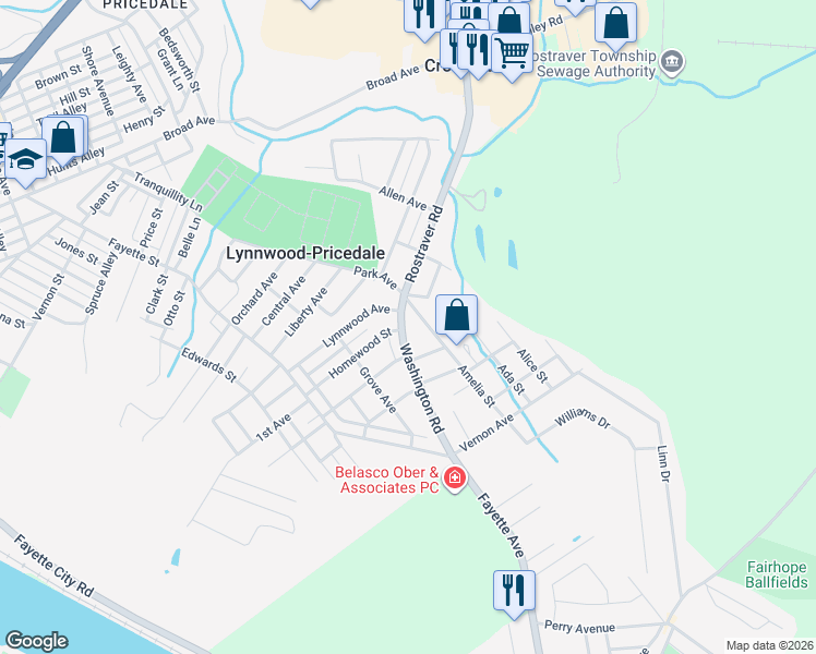 map of restaurants, bars, coffee shops, grocery stores, and more near 805 Washington Road in Belle Vernon